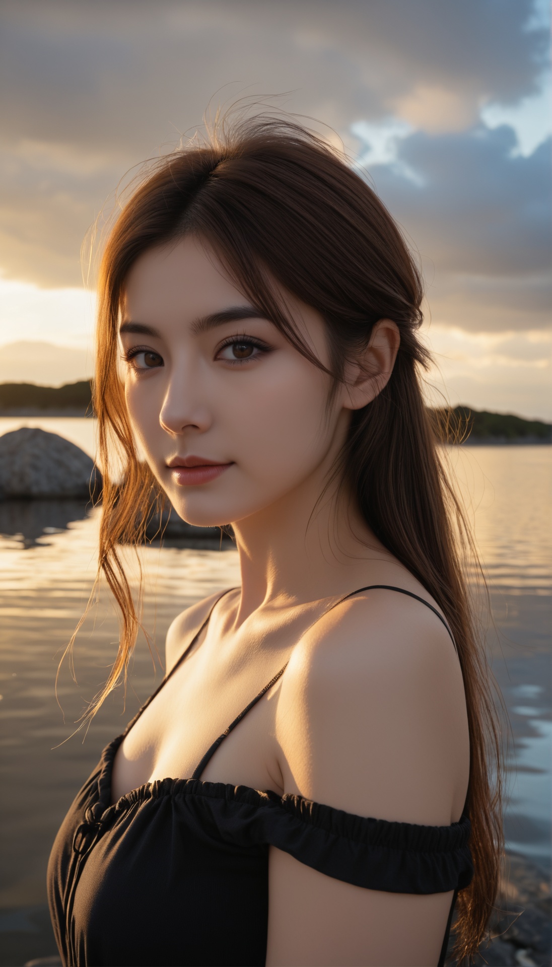 A young woman with fair skin and a slender physique stands by the edge of a body of water,  possibly a lake or sea,  durin...