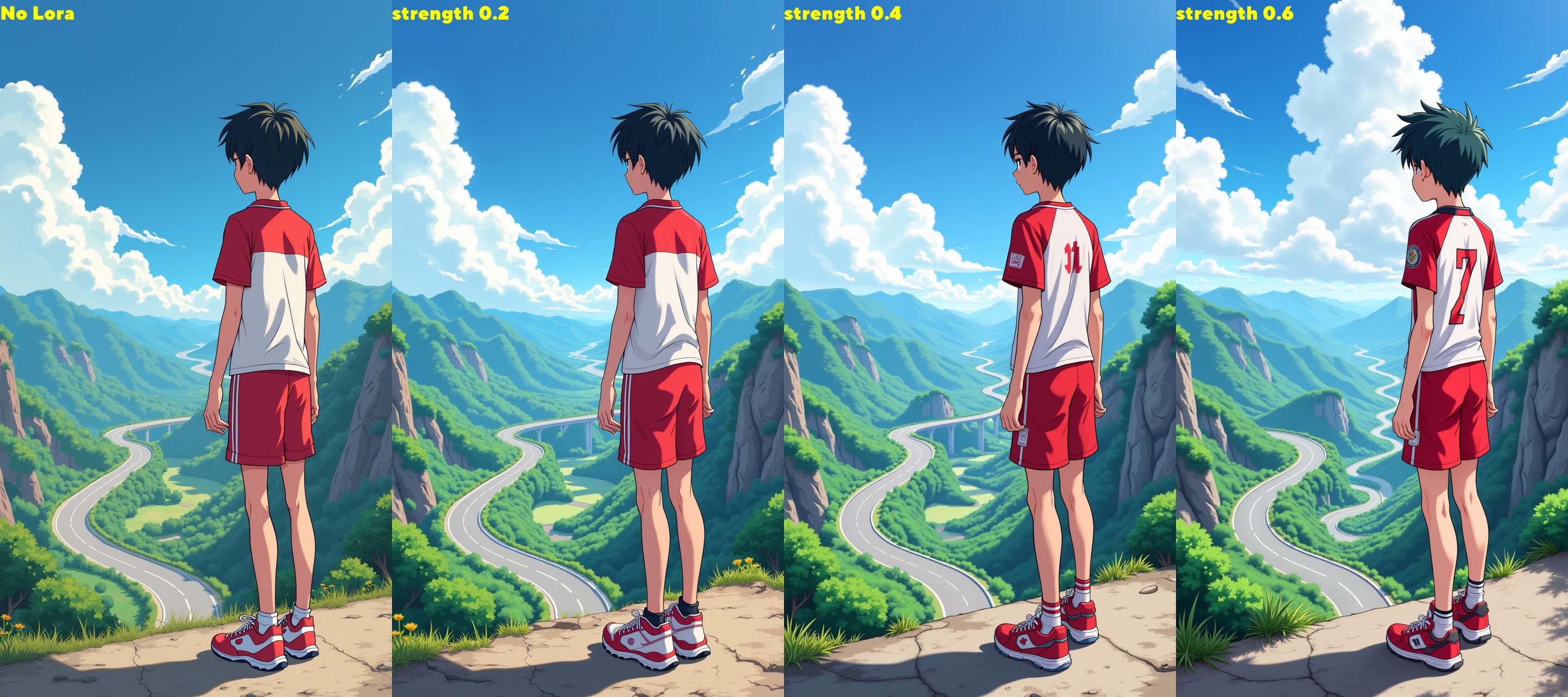 kawaii style,  A lanky figure dressed in a red and white shirt and matching shorts stands on the edge of a winding road,...