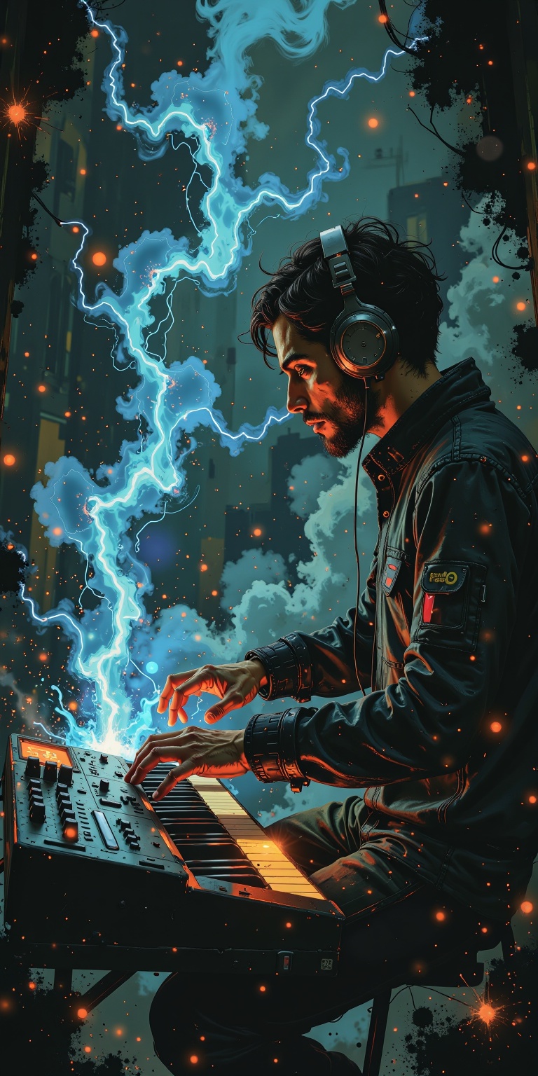 A futuristic musician with a holographic keyboard and musical sounds visualized as light patterns in the air on Tensor.Art