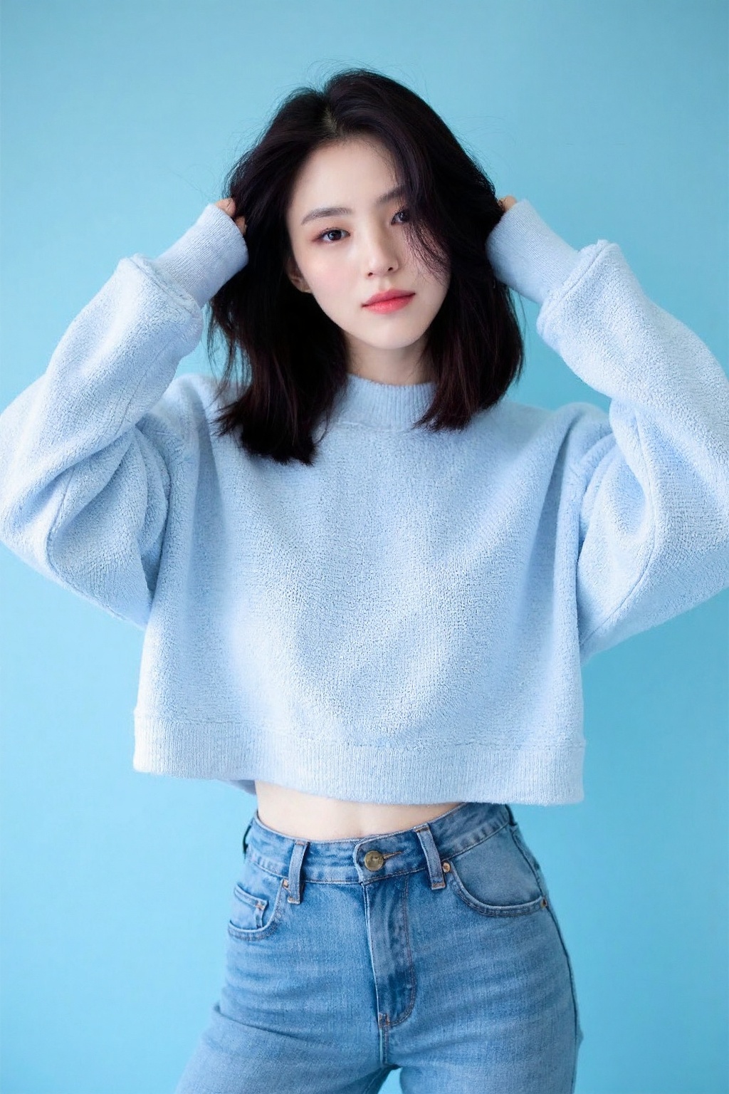 beautiful korean woman posing confidently in front of a light blue background. She is wearing a stylish,  casual outfit th...