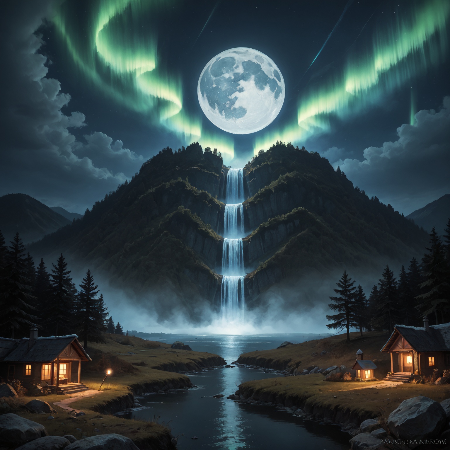 Under the eerie glow of a full moon,  a dark and ominous landscape unfolds. A vibrant,  colorful pine stands by the edge o...