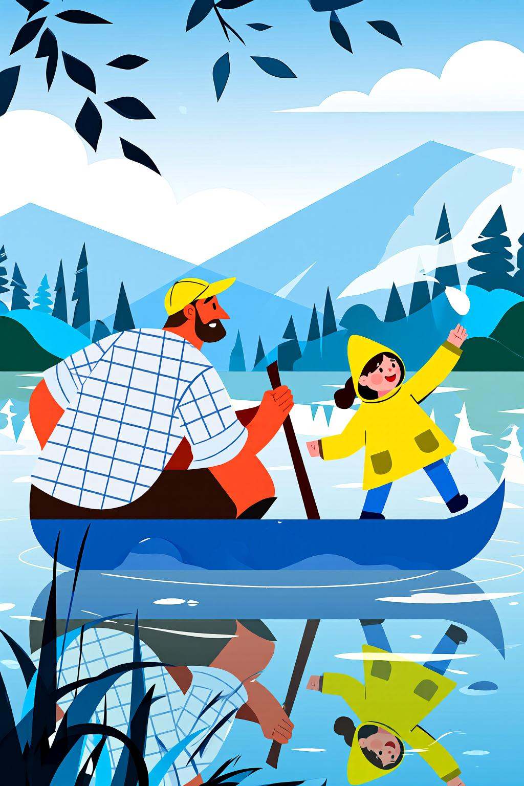 flatcolorvectorart2q illustration.A man and a child are in a blue canoe on a calm body of water. The man,  wearing a yello...