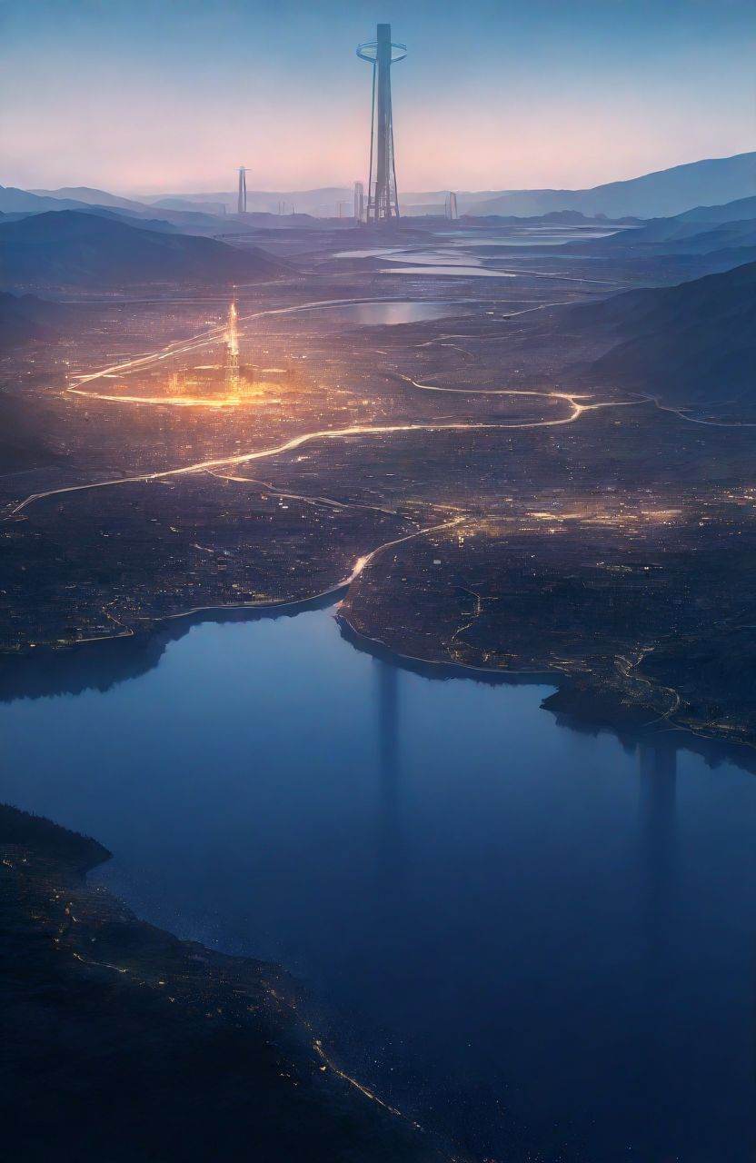 art by Gerard David,  landscape of a Stardust Lake in the distance there is a Fossil fuel power station,  Hazy conditions...