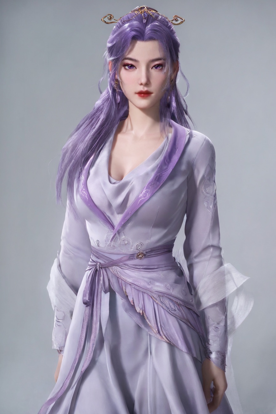 score_9,score_8_up,score_7_up,incredibly absurdres,<lora:SF_YunXiao_Pony-000005:0.8>,1girl,solo,standing,dress,purple hair,breasts,large breasts,red lips,jewelry,hair ornament,earring,looking at viewer,white background,