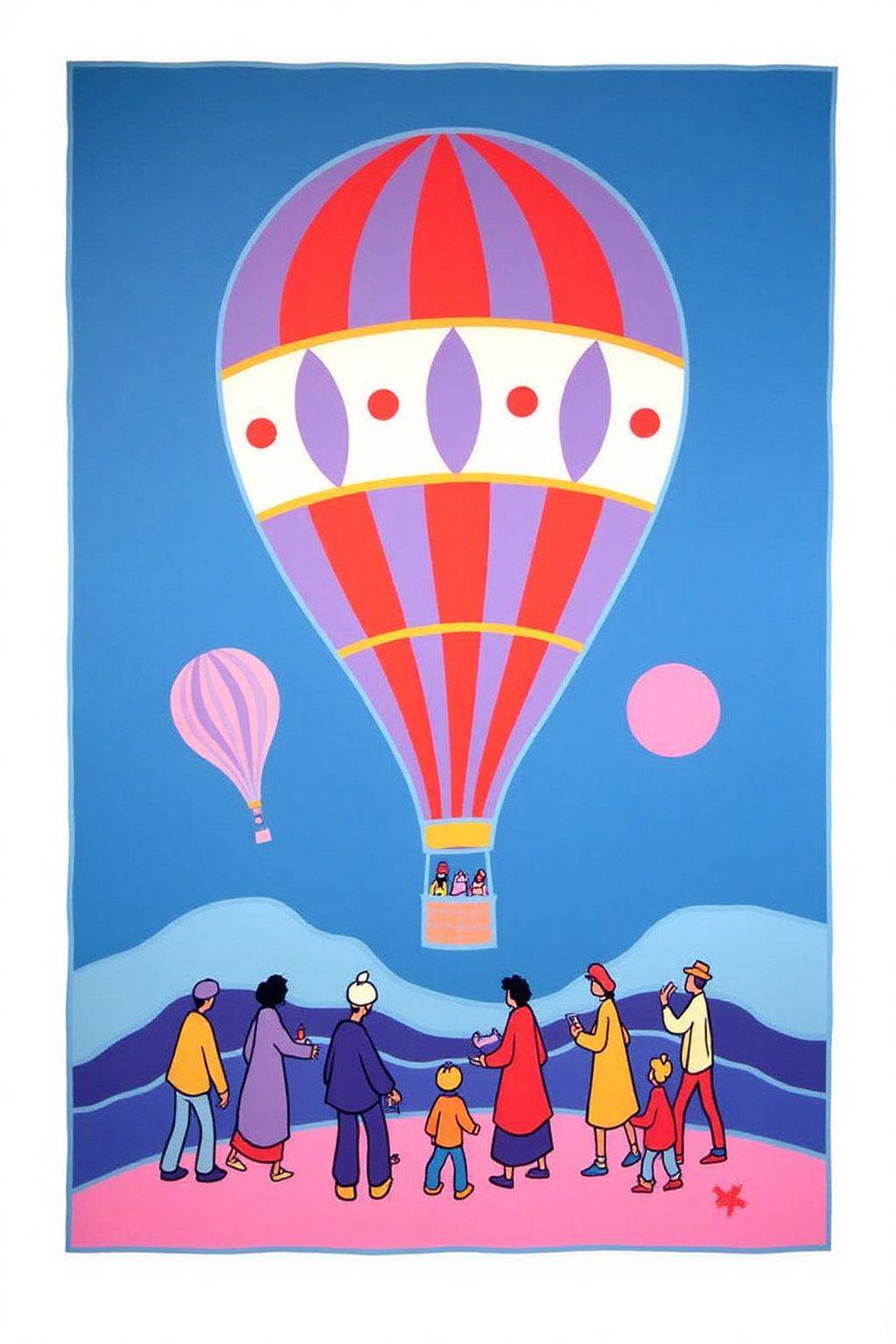 teha1 illustration.At the top center,  a large colorful hot air balloon is prominently featured,  colored in shades of red...