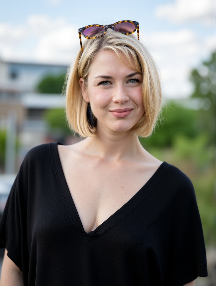 The image is a high-resolution photograph of a young woman with light skin and short,  platinum blonde hair,  styled in a...