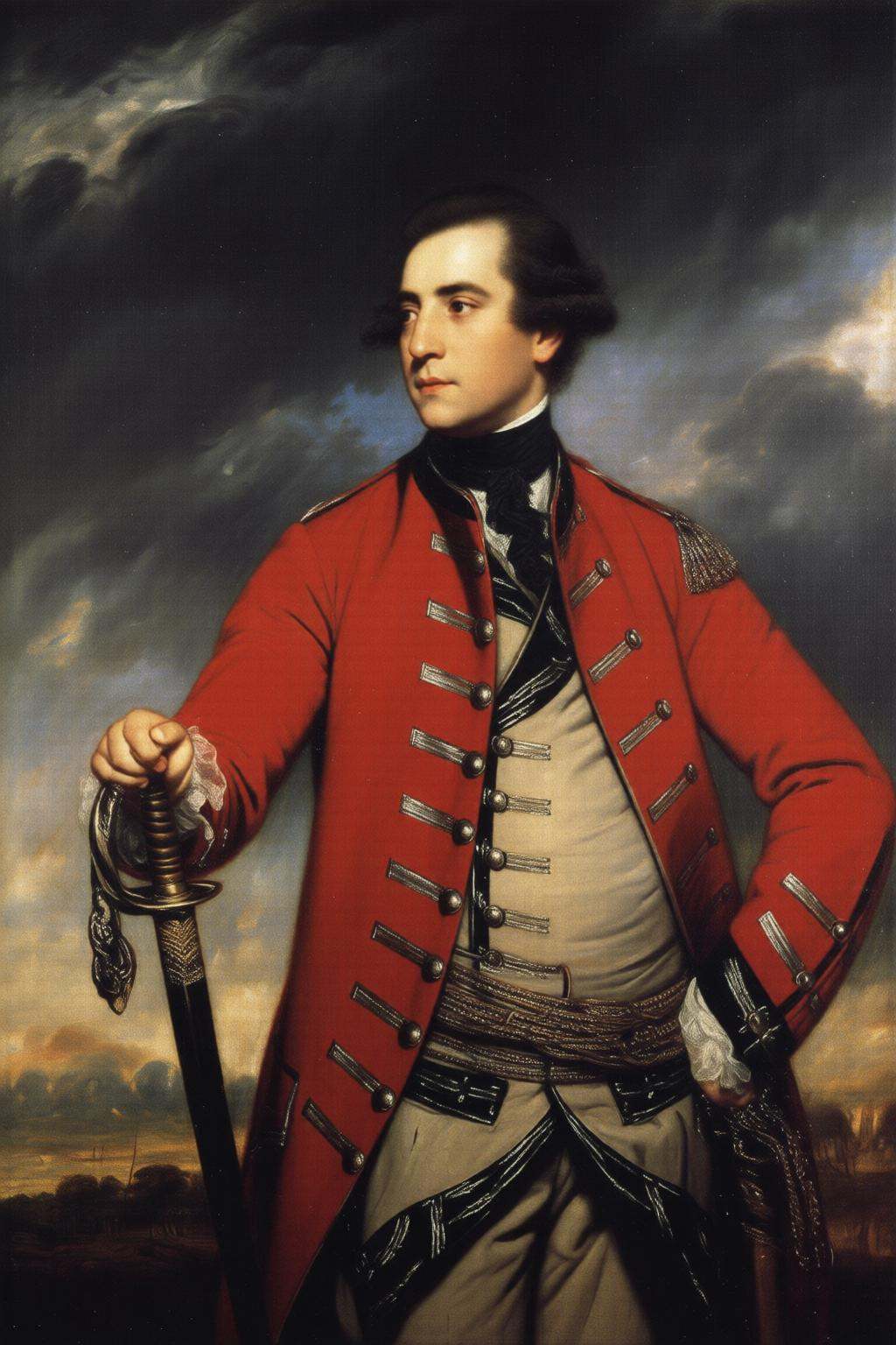 joshuareynolds2q painting.A stern-looking man in military attire from the 18th century. He stands against a dramatic,  sto...