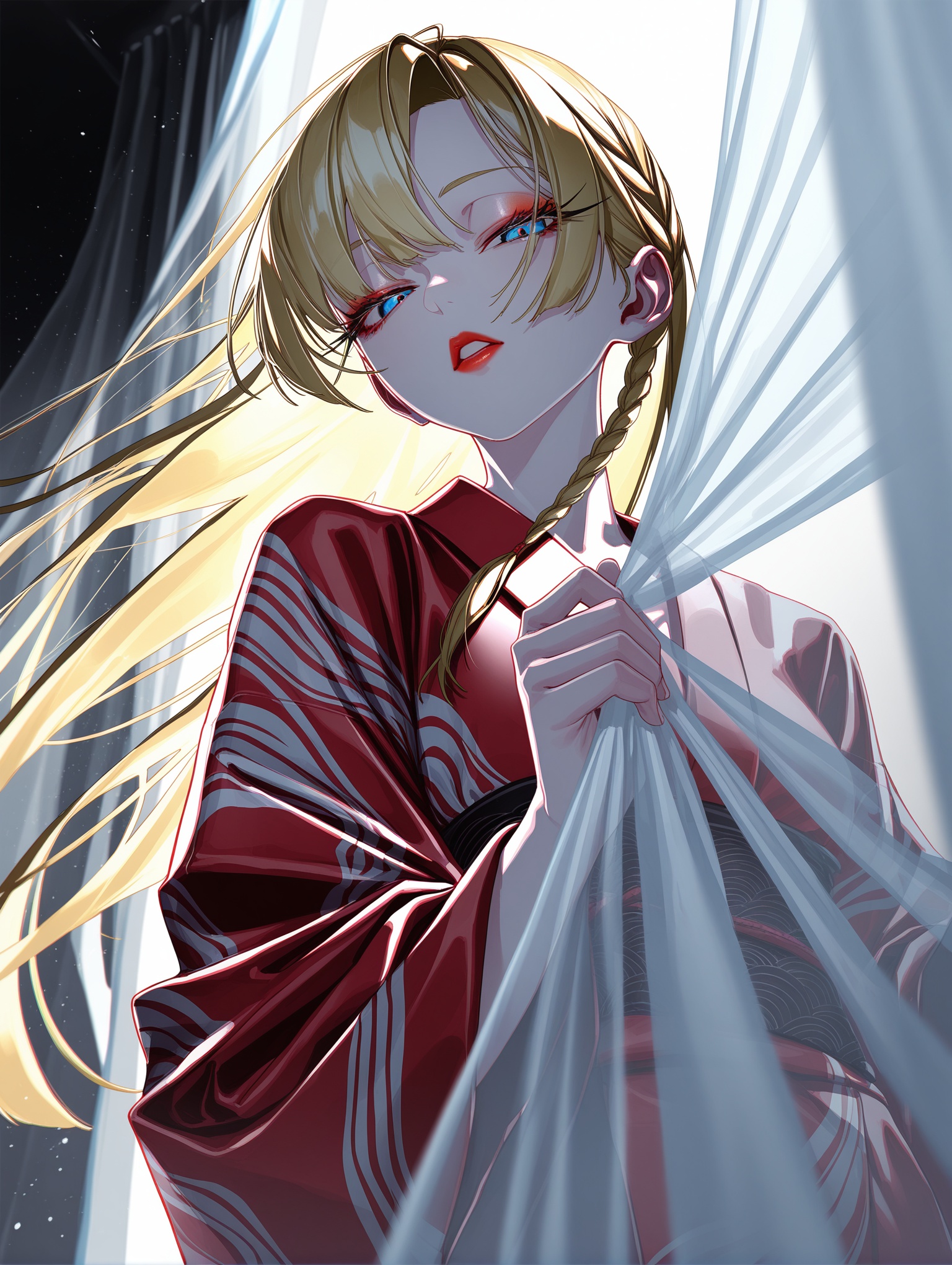 1girl, rolua, long hair, floating hair, side braid, blonde hair, perfect face, detailed face, perfecteyes, long eyelashes, blue eyes, parted lips, red lips, half-closed eyes, two-tone eyes, colored eyeshadow, looking at viewer, focus face, close up, (dutch angle), from below, colored kimono, japanese clothes, naked kimono, white curtains, see-through curtains, curtain grab, behind curtains, motion blur, blurry foreground, 8k, dramatic lighting, volumetric lighting, particles, raytracing, high contrast,,masterpiece,best quality,amazing quality,