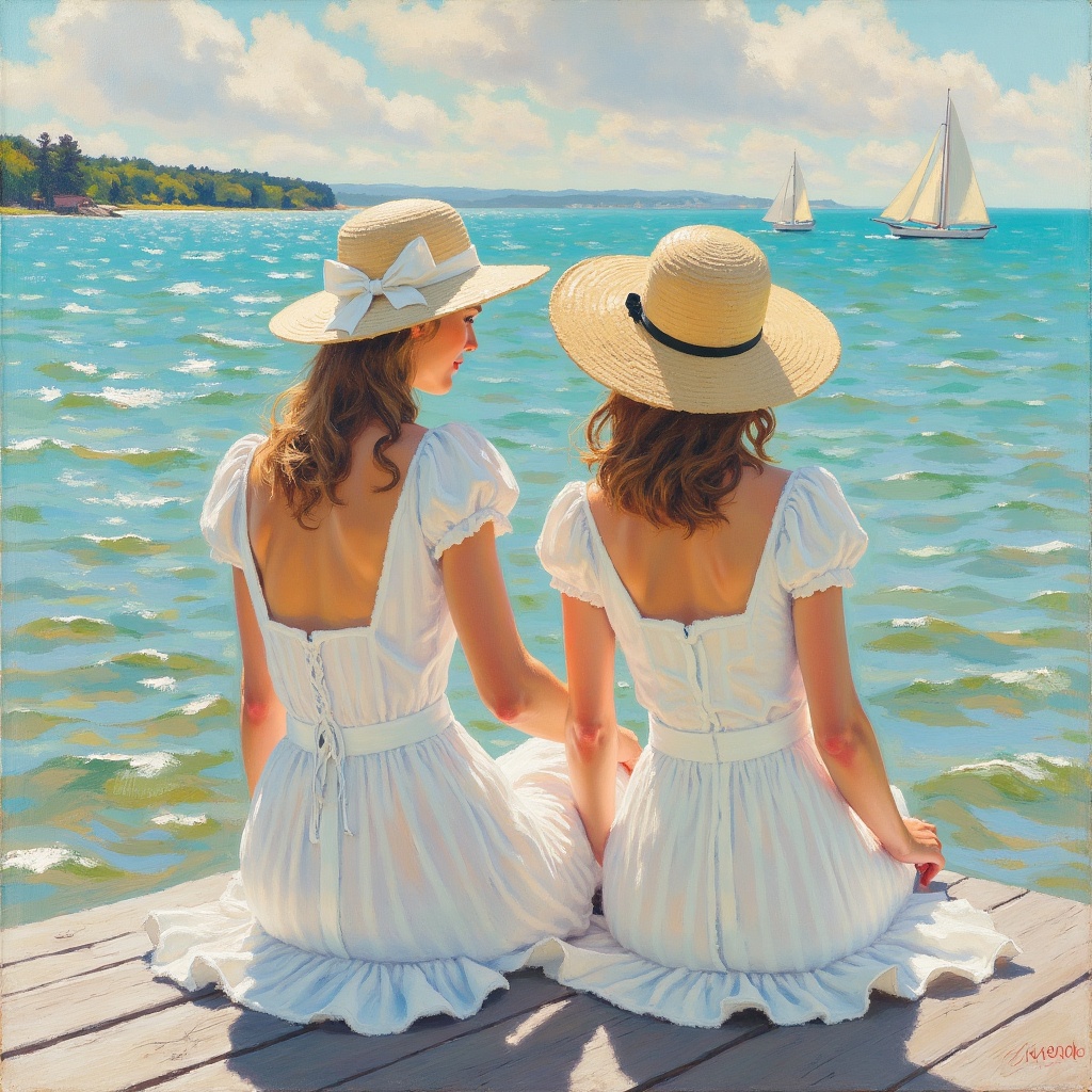 This is a vibrant impressionistic painting by artist EdwardCucuel depicting two women in white dresses and hats sitting on...