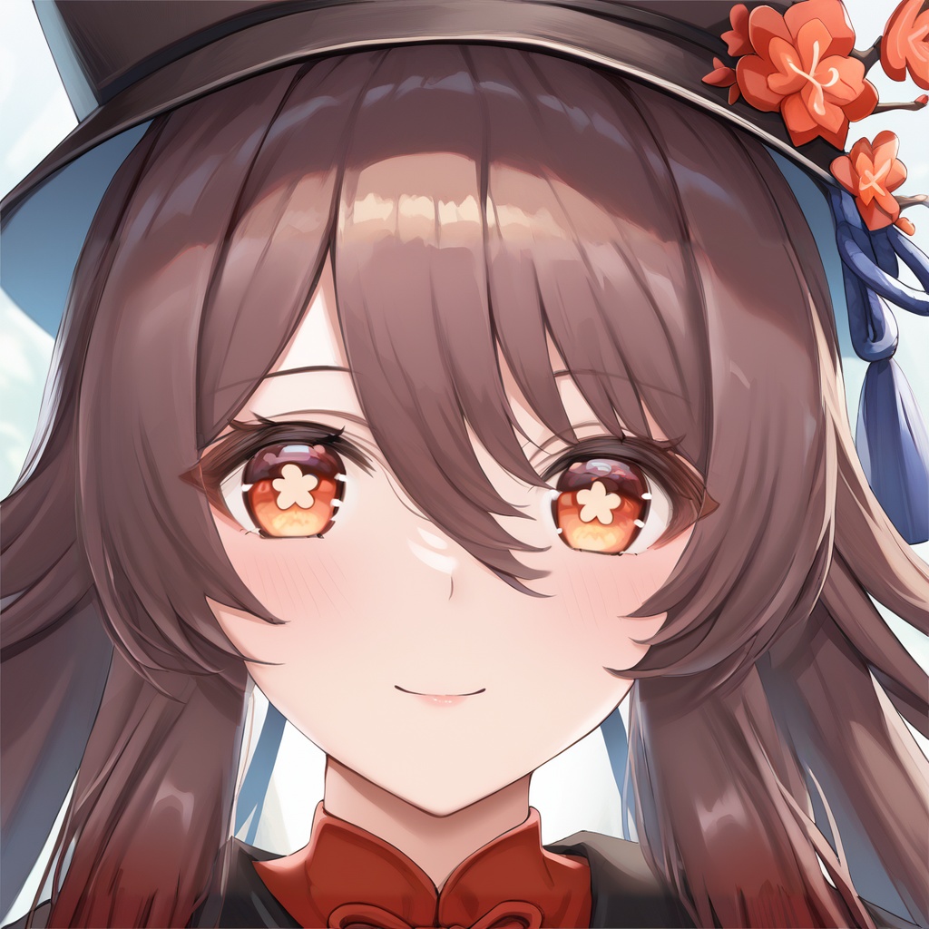 score_9,score_8_up,score_7_up,score_6_up,source_anime,source_cartoon,<lora:hutaoTUPONYXL-000001:1>,flower-shaped pupils,hu tao \(genshin impact\),1girl,solo,brown hair,flower-shaped pupils,looking at viewer,hair between eyes,red eyes,signature,close-up,smile,portrait,closed mouth,black porkpie hat,eye focus,black headwear,blurry foreground,long hair,face focus,