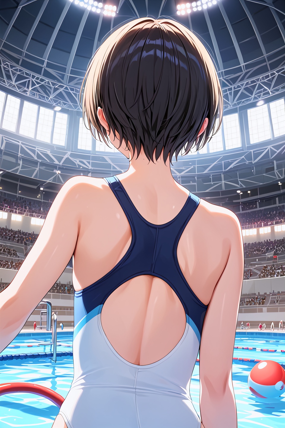 score_9,best quality, 1girl,sports swimsuit,from behind,pool,(upper body:1.2),tournament venue,audience,short hair,lighting,illumination,close up,dutch angle, official art, best quality,
