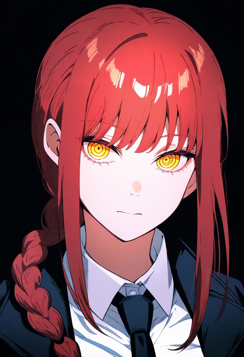 1girl, makima \(chainsaw man\), chainsaw man, sensitive, braid, braided ponytail, closed mouth, expressionless, collared shirt, long hair, looking at viewer, necktie, red hair, ringed eyes, shirt, sidelocks, solo, yellow eyes,black background, glowing eyes,masterpiece, high score, great score, absurdres