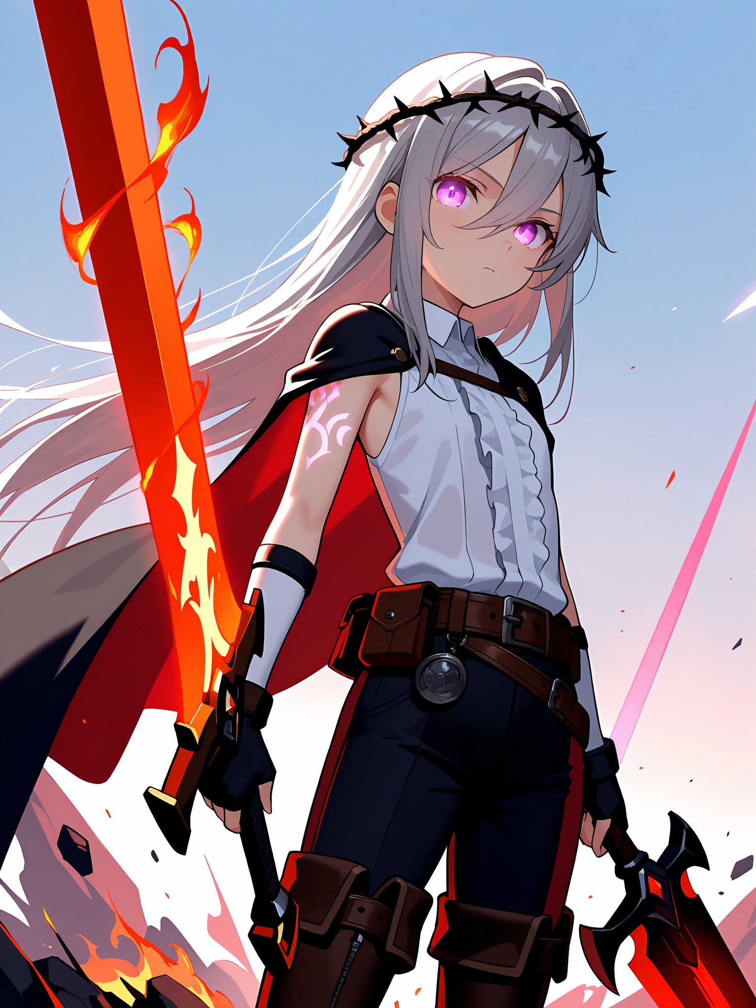1girl,solo,masterpiece, best quality, good quality, newest,(fantasy:1.2),hair between eyes,very long bangs,long hair,straight hair,grey hair,purple eyes,tribal tattoo,tribal,glowing tattoo,glowing eyes,(red light trail:0.7),crown of thorns,skinny,petite,aged down,cape,jacket,white collared shirt,frilled shirt,sleeveless,long gloves,fingerless gloves,pants,thigh boots,belt,belt pouch,holding sword,dual wielding,long sword,glowing sword,mechanical sword,red sword,(huge sword:1.2),looking at viewer,fire,debris,outdoors,cowboy shot,