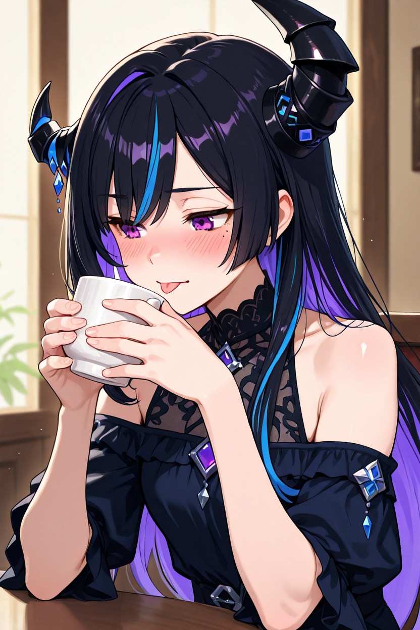 upper body,  black blue long multicolored two-tone hair,  asymmetrical horns on Tensor.Art