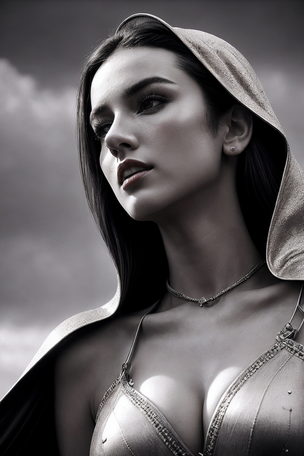 ArabellaSG_SoloTI_v1,  (In a battle-worn suit of silver armor,  with a tattered red cloak draped over her shoulders on Ten...