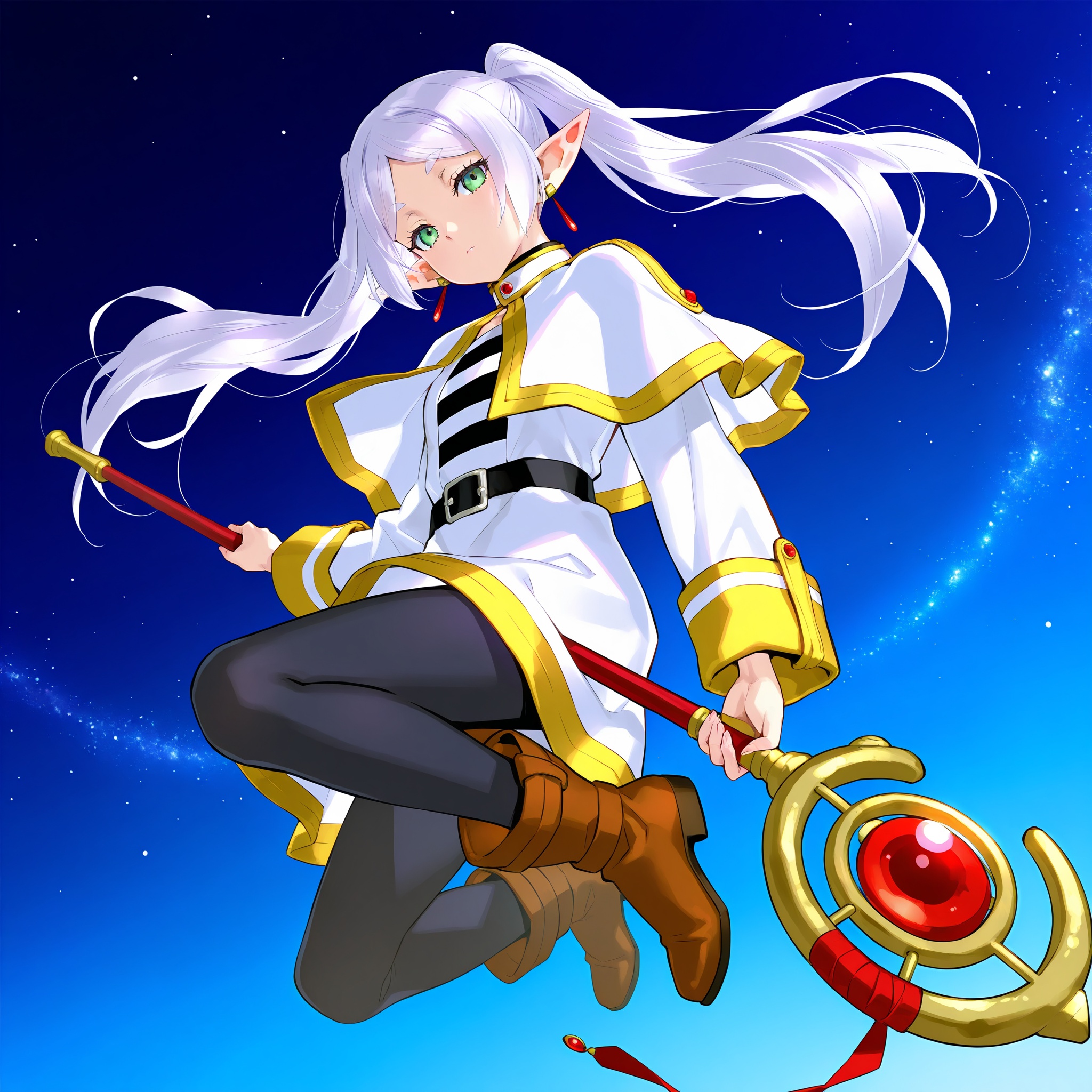 by happoubi jin, by fuzichoco, by lam, by kinta \(distortion\),frieren, 1girl, solo, jewelry, pointy ears, earrings, elf, capelet, green eyes, twintails, light particles, white capelet, long hair, long sleeves,, outdoors, night, moonlight, dark, from below, floating hair, floating, full body, expressionless, holding staff,masterpiece, best quality, very aesthetic, absurdres