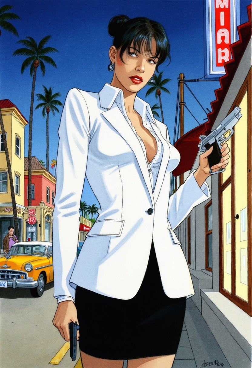 By Jean-Pierre Gibrat. A vintage illustration from the side about an elegant and haughty woman in a Miami street. the city...
