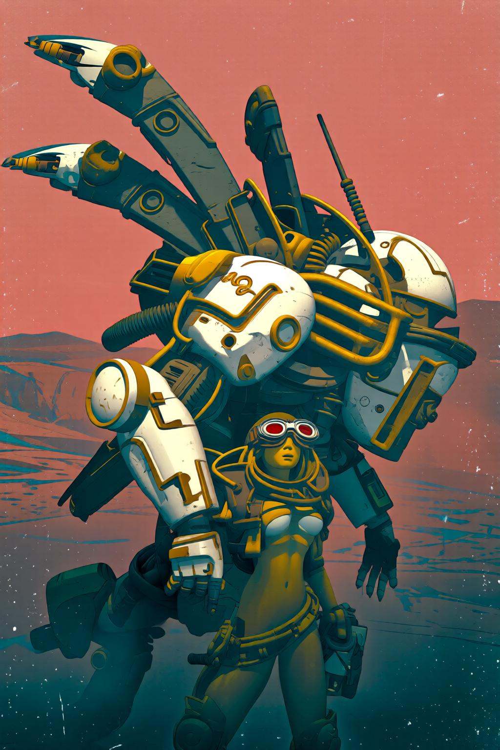 pascalblanche2q illustration. A giant mecha robot features spiked wings and intricate metallic detailing. A girl in futuri...