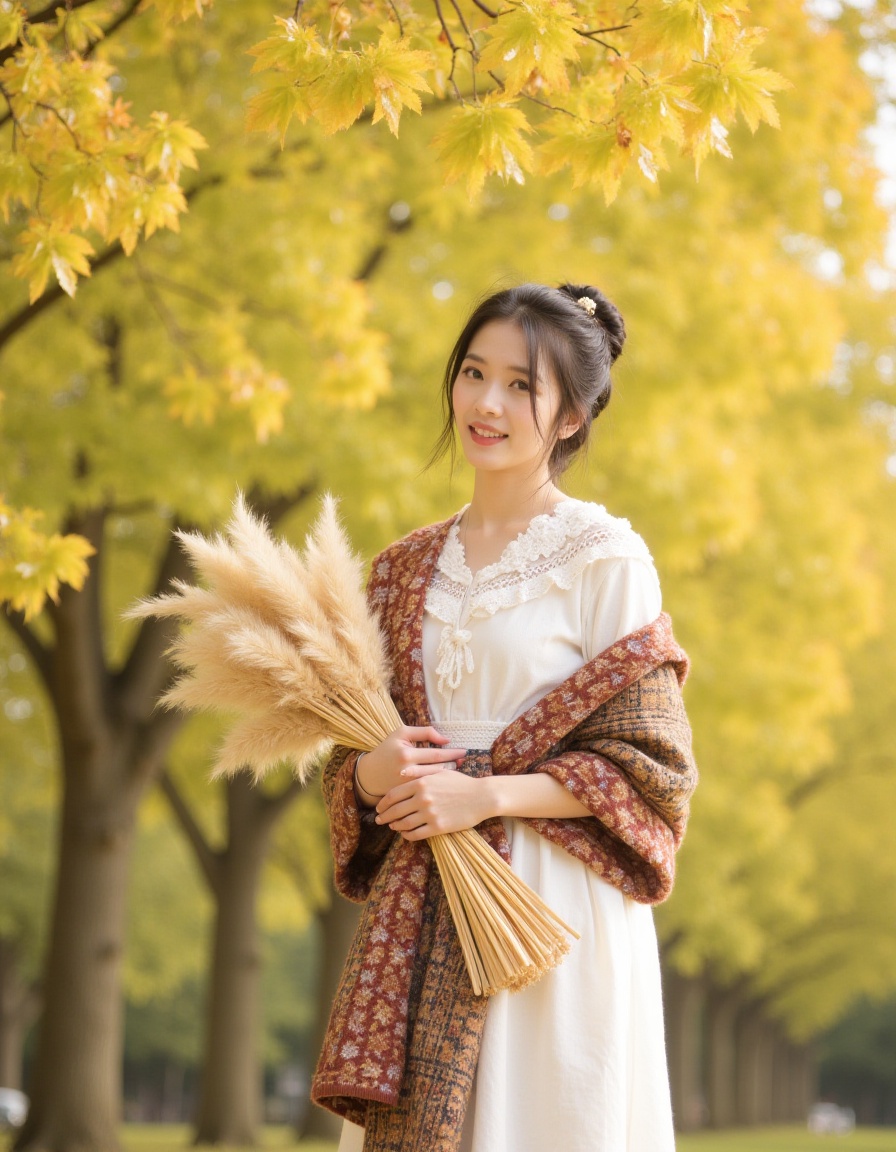 <lora:lora-qiutian2:1>,qiutian,A young woman in the peaceful autumn. She was wearing a white dress with delicate lace details and a multi colored shawl,exuding a vintage bohemian style. Holding a bundle of reeds in his hand,the reeds were naturally scattered,with tall trees hanging yellow leaves in the background,and the background was blurred and blurred,