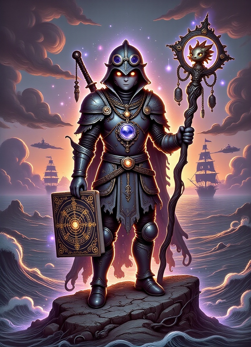 Male Bretonnian Grail Knight standing on a rocky outcropping overlooking a sunset-lit sea with a fleet of galleons and air...