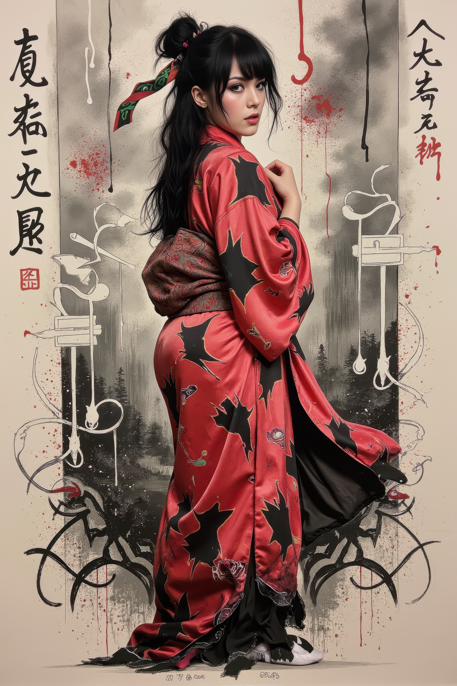 Poster art with stunning beauty Japanese woman with porcelain skin and long black hair in a tousled bun,  posing full body...