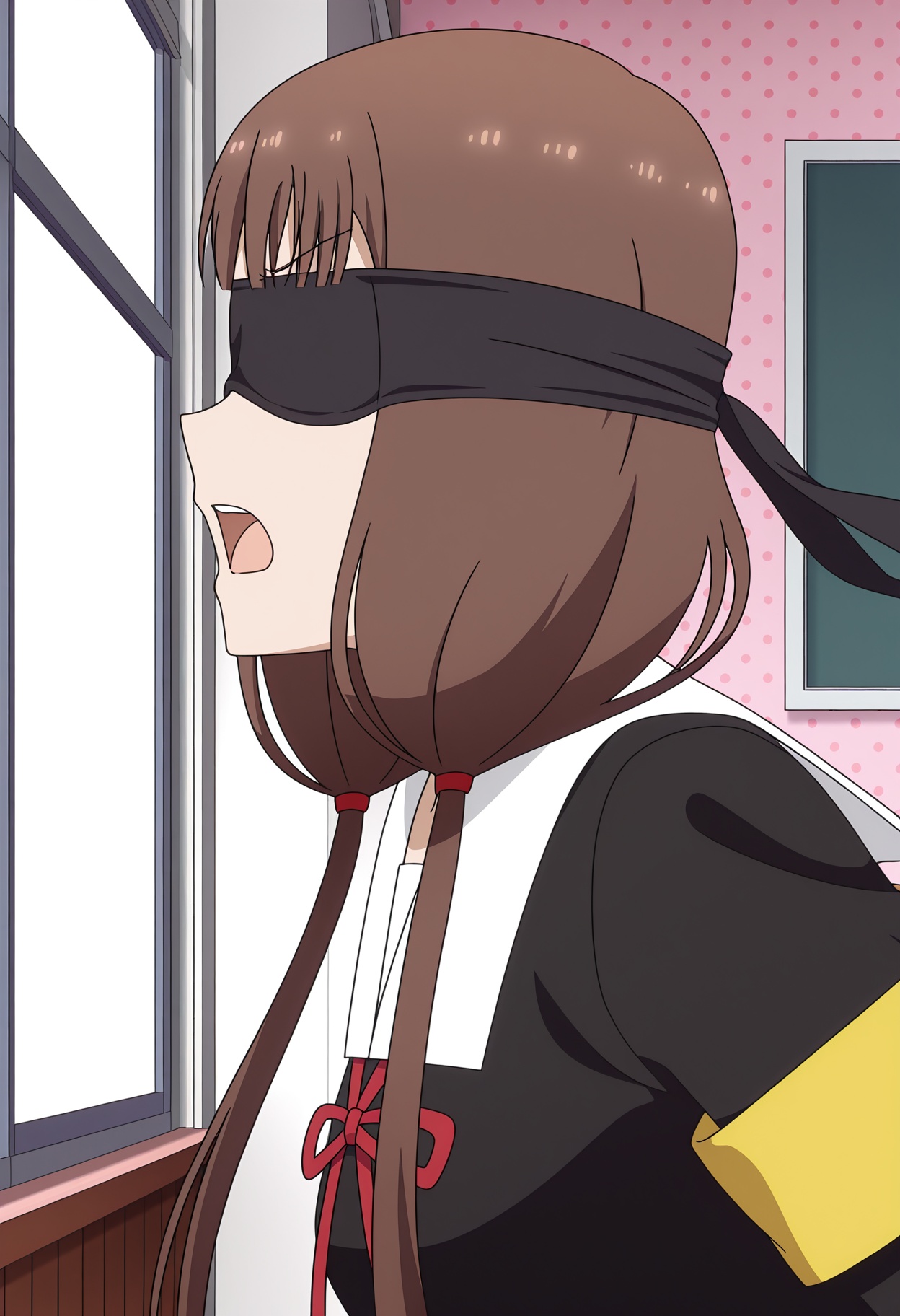 <lora:Iino Miko_illustrious-000010:1>,Iino Miko,open mouth,armband,solo,school uniform,parody,from side,indoors,polka dot,anime coloring,anime screencap,blindfold,