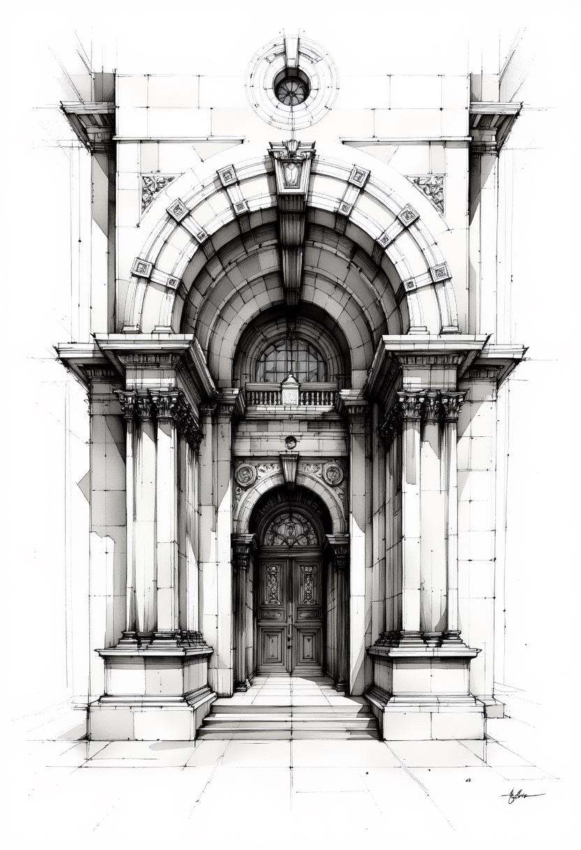 A black and white architectural details sketch of an ornate building made of stone with a large archway in the center. The...
