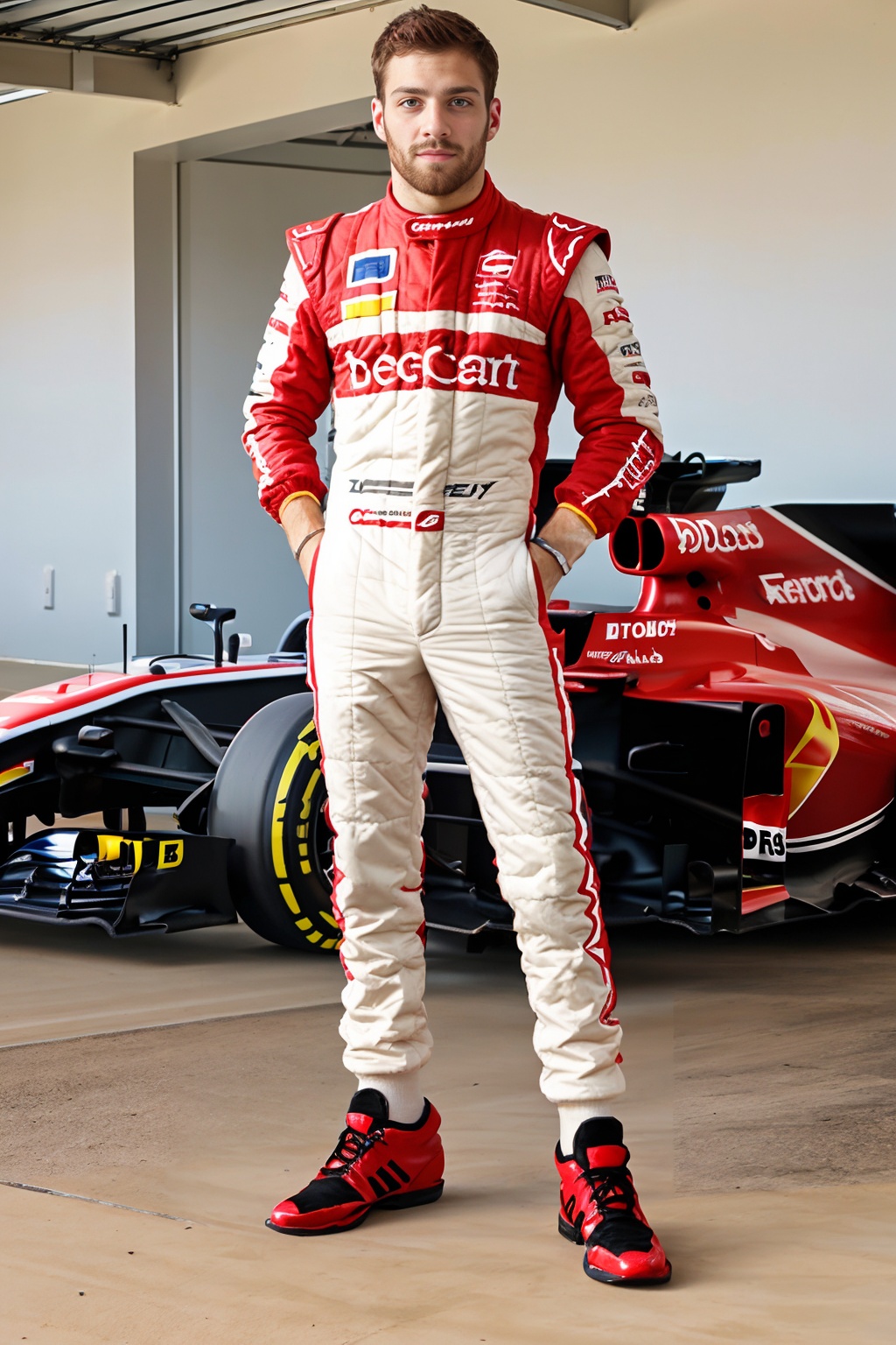 garage of Formula One racetrack,  standing next to a Formula One race car,  bearded on Tensor.Art