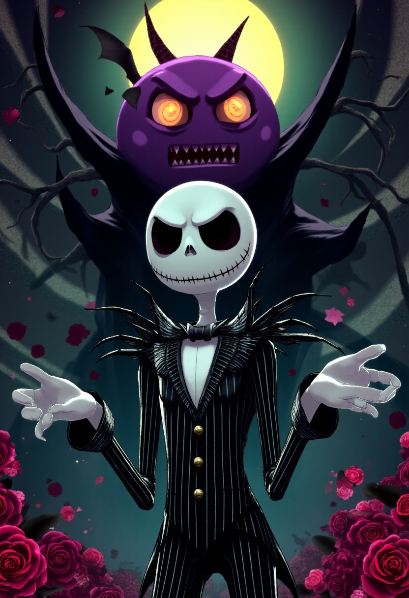 p5style,  Jack Skellington in a summoning pose. There is a huge scary monster behind him looking angry. Dark pop punk back...