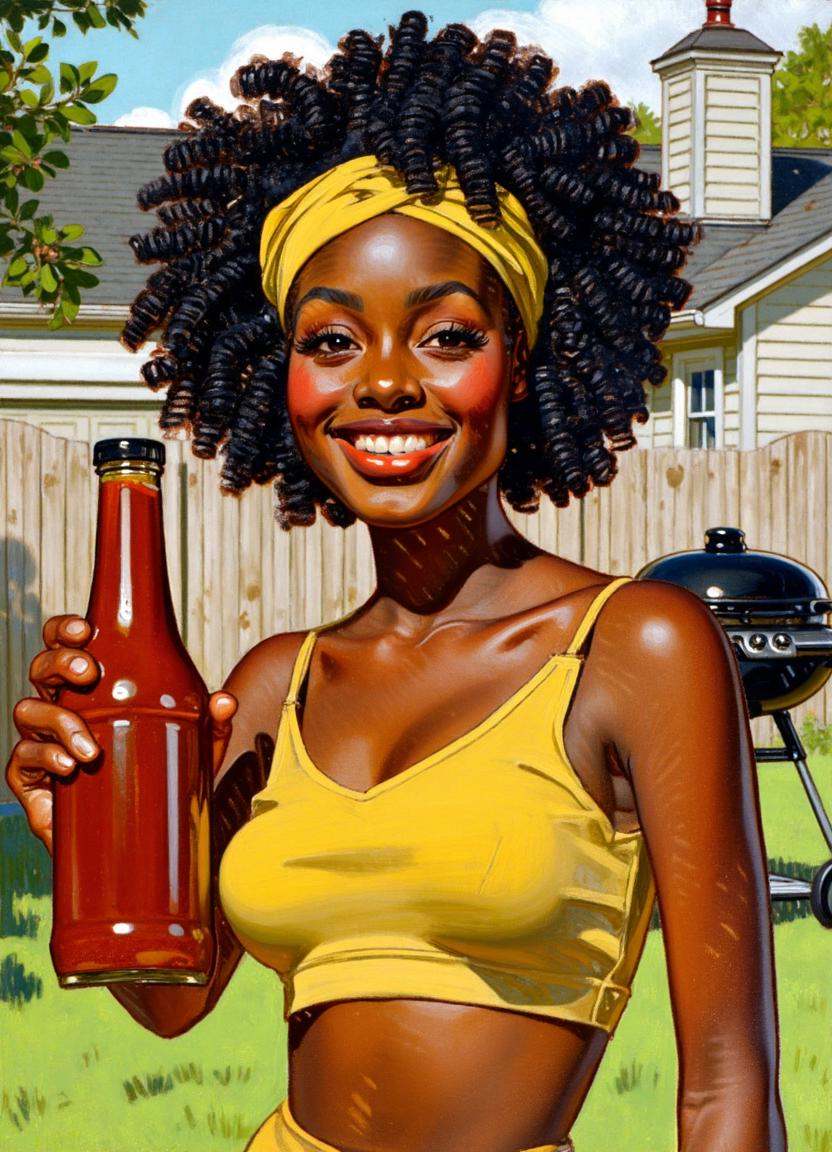 A cartoon illustration by j.c. leyendecker of a dark-skinned woman a bottle of barbeque sauce. She has curly black afro an...