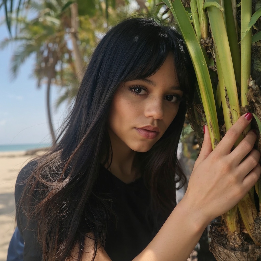 A portrait of jenna_ortega with long,  wavy black hair,  captured in a side profile. She leans against a palm tree on Tens...