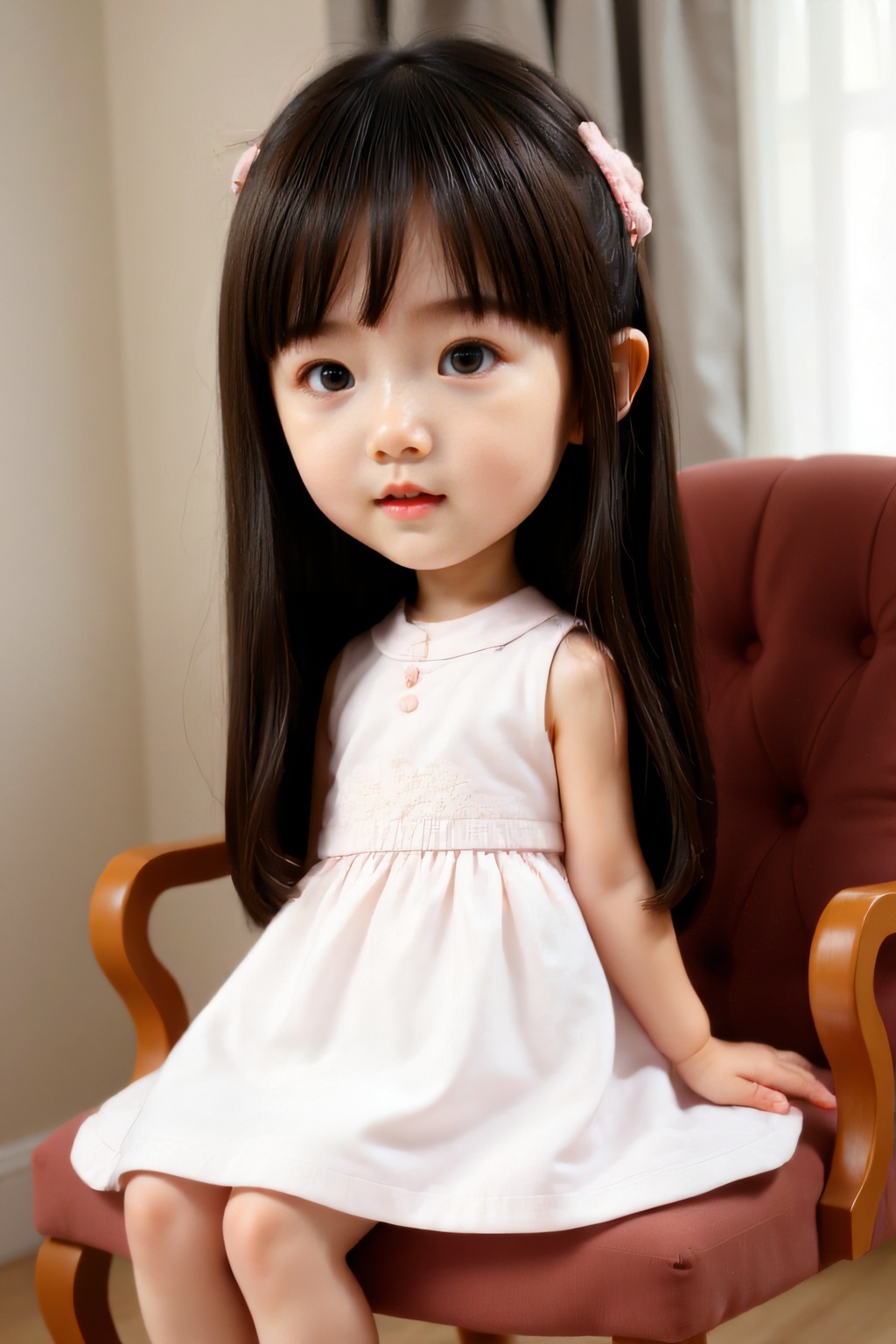 <lora:AgainF1ChibiLora:1>,girl,black long hair,chibi,full body,white dress,indoors,sit on chair,