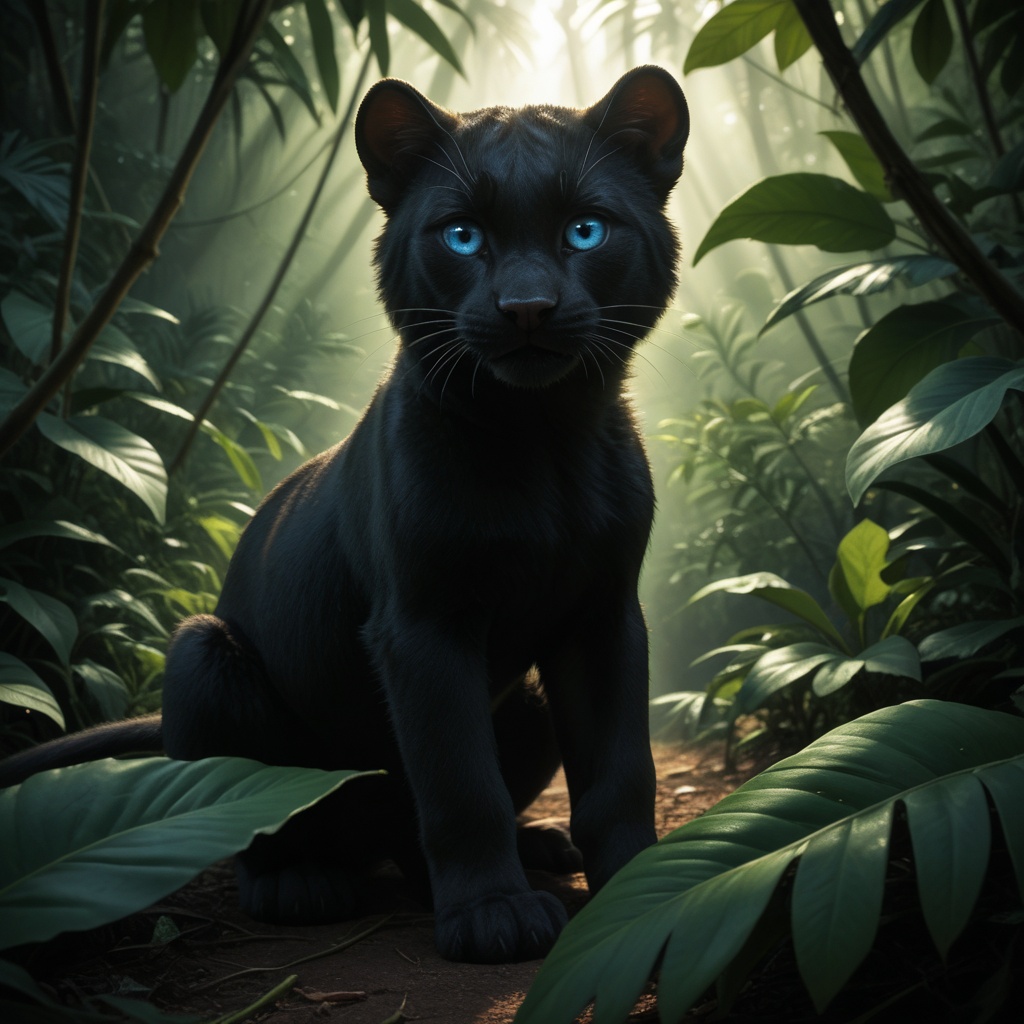 Extreme close-up shot of a macro lens capturing a mini black panther cub with crystal blue eyes with a hint of green,  sit...