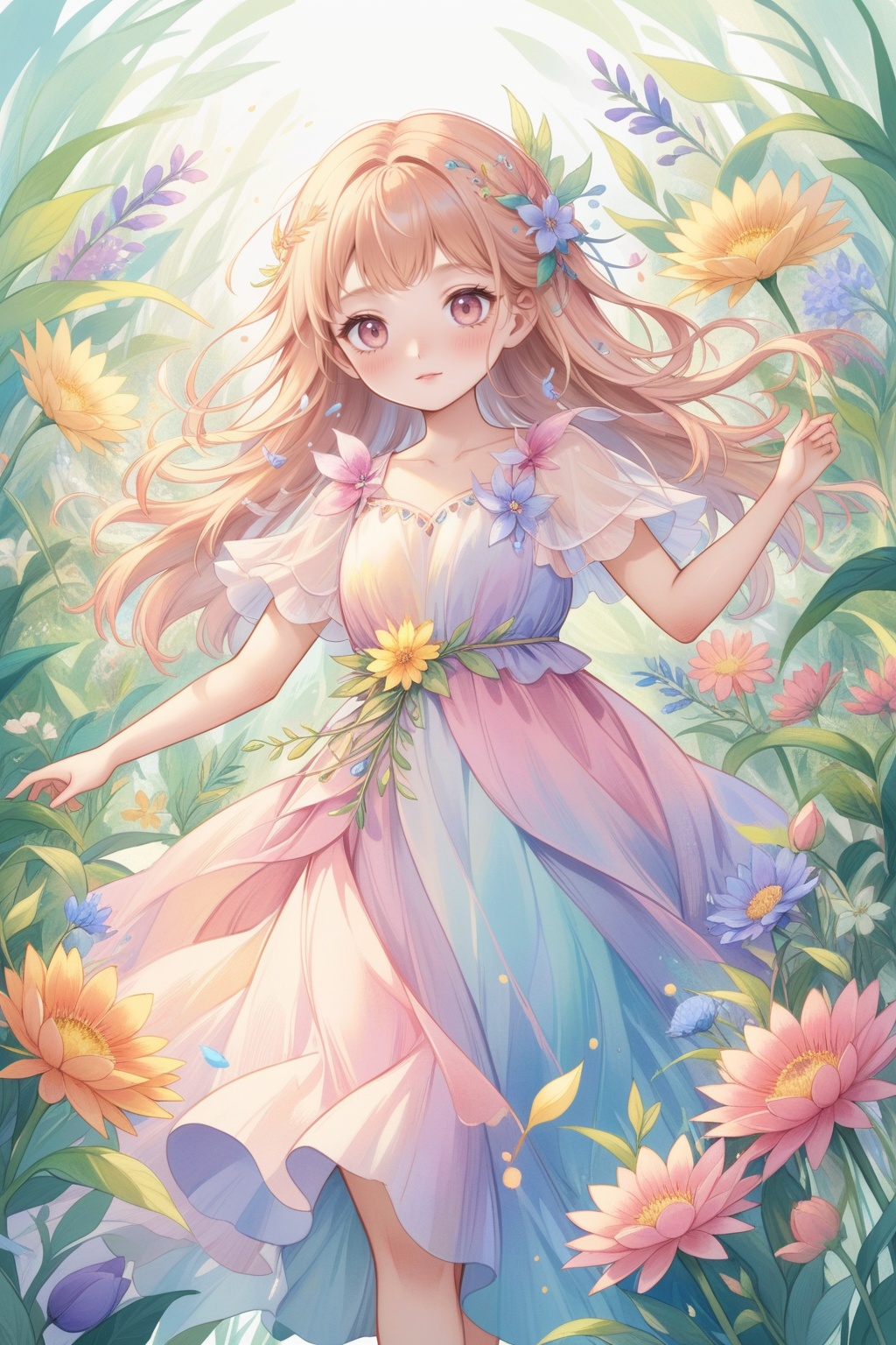 A young girl in a flowing pastel dress, surrounded by vibrant flowers that seem to burst into existence from the canvas. The scene is painted in soft, watercolor splashes, blending the girl's gentle expression with the wild beauty of nature. The colors are bright and uplifting, creating a sense of joy and lightness.