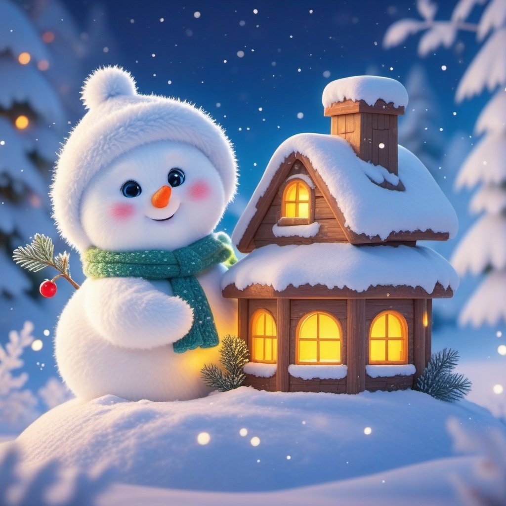 shengdan,A cute,chubby snowman with a fluffy white body,a bright orange carrot nose,and rosy cheeks stands in a snow-covered scene. It's rocking a green scarf and a matching hat. Next to it,a tiny wooden house with a glowing yellow window sits on the snow. The background is filled with snow-covered trees and a clear,starry night sky. Red berries hang around the snowman,adding a festive touch. The whole scene is merry and cozy,with a whimsical,cartoonish vibe.,,<lora:shengdan_v1-000016:0.8>