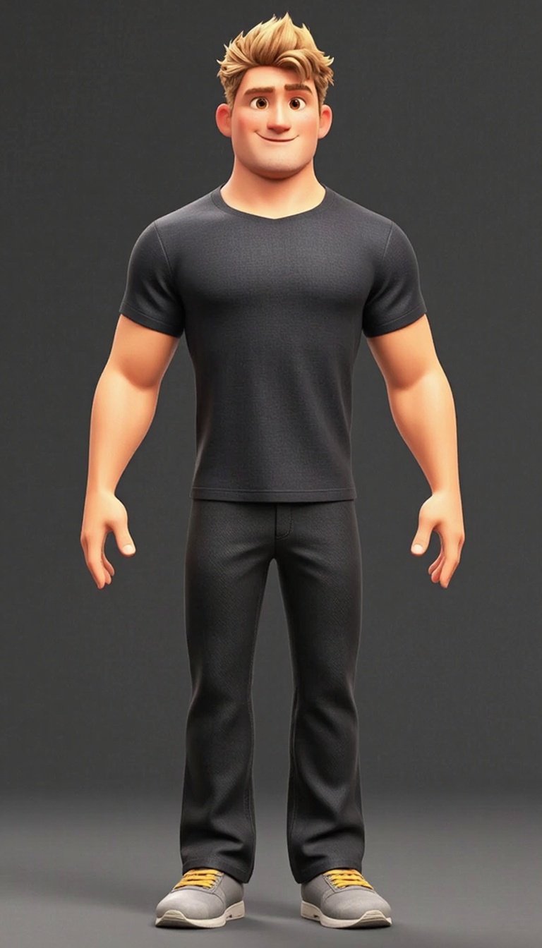 A stylized 3D animated character in Pixar-inspired design: a young man with short,  spiky blonde hair and large,  expressi...