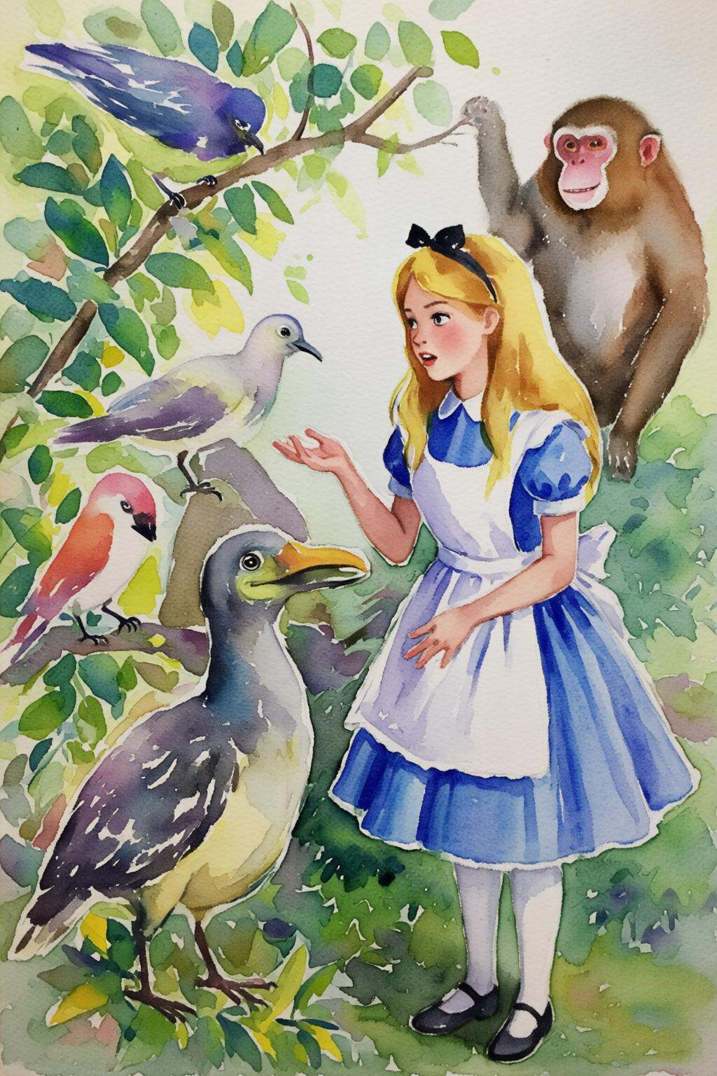 watercolorbasic2q watercolor painting. A fantastical encounter between a young girl,  Alice,  and a giant on Tensor.Art