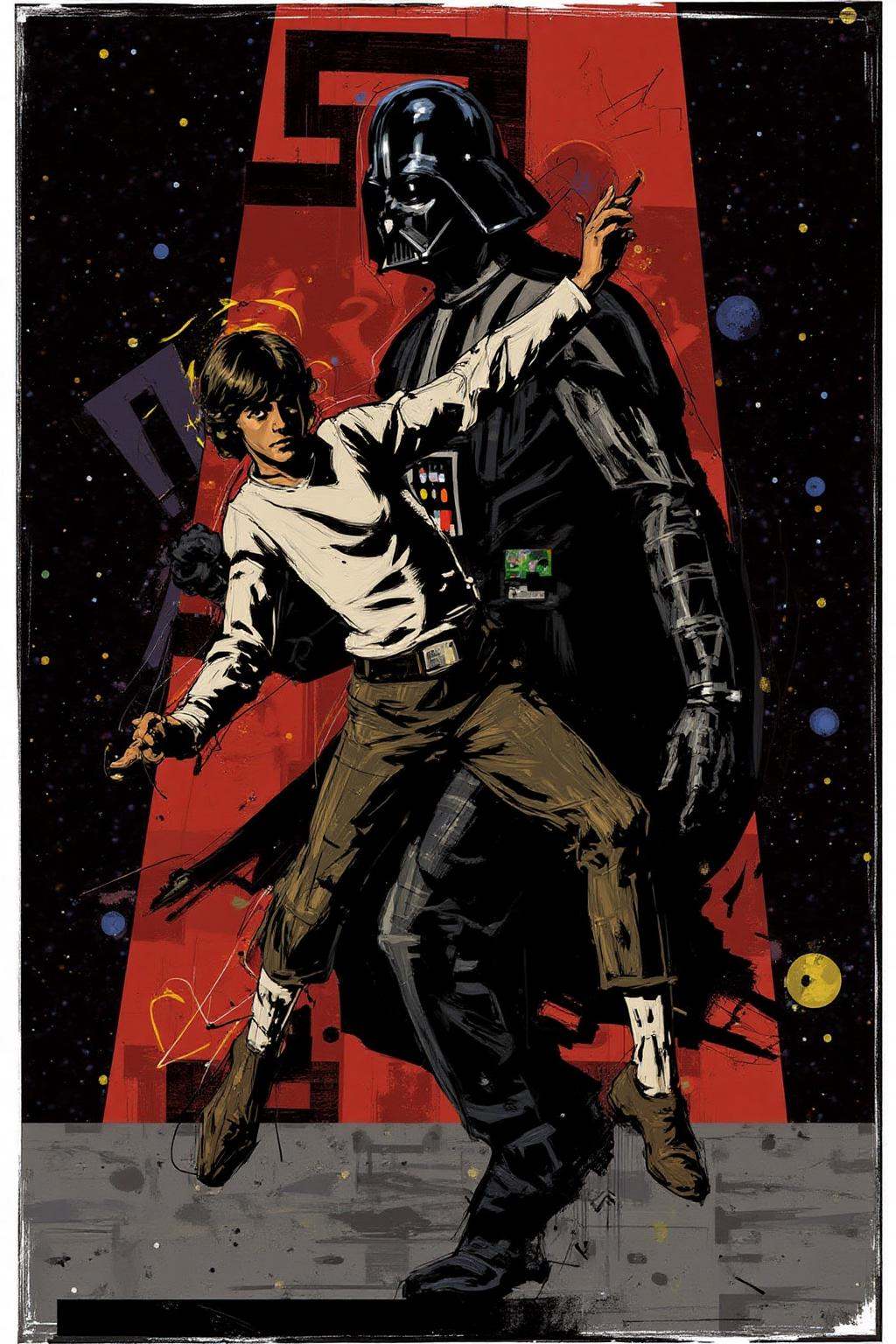 poster illustration. Luke Skywalker dancing with Darth Vader inside the Death Star. on Tensor.Art