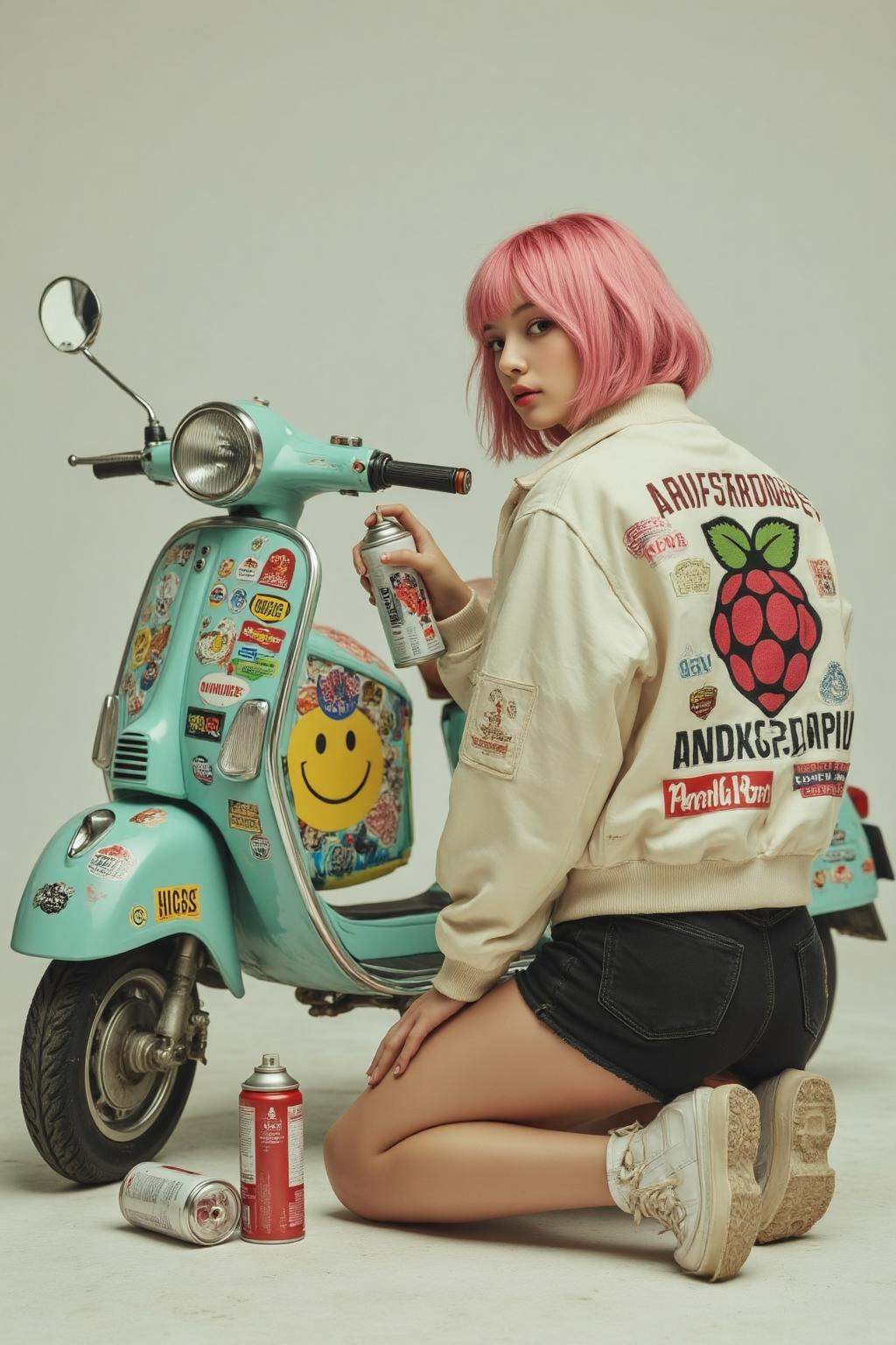 midjourney photograph. Backview of a young woman with pink hair,  wearing a light-colored jacket with a large graphic on t...
