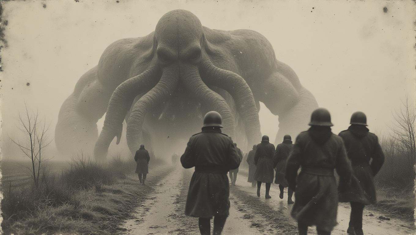 B&W Vintage photo of soldiers running away from a big Cthulhu on Tensor.Art