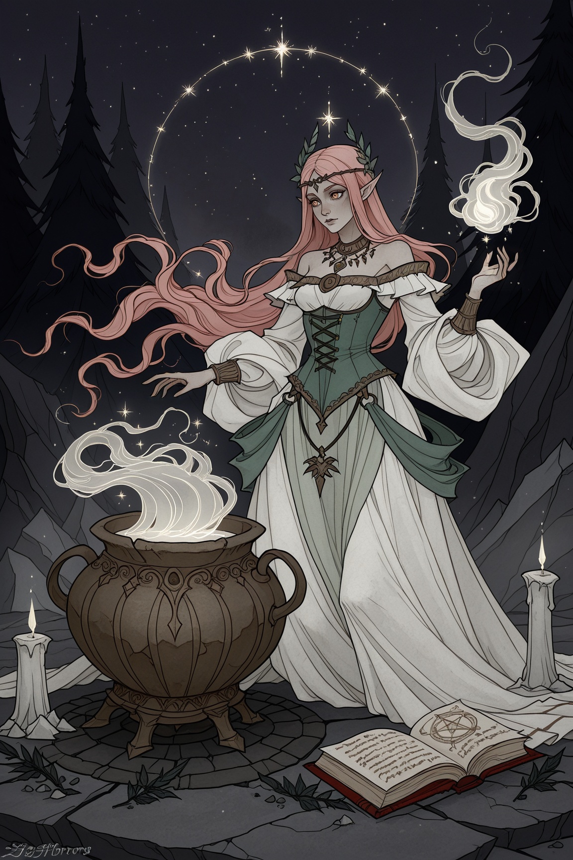 This image is a digital drawing in an anime-inspired style,  depicting a fantasy scene. The central figure is a female elf...