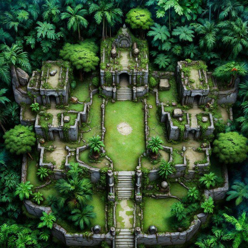 This is a detailed,  vibrant digital illustration of an ancient,  overgrown temple complex nestled within a lush on Tensor...