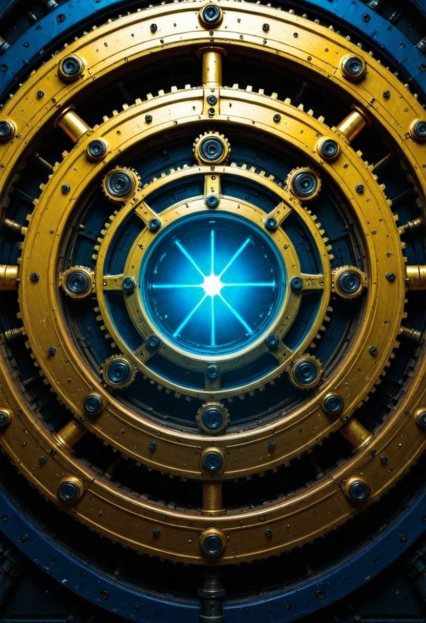 Huge gears glow in neon blue and purple,  with a smooth metal texture that looks like it was laser cut. This gear rotates...