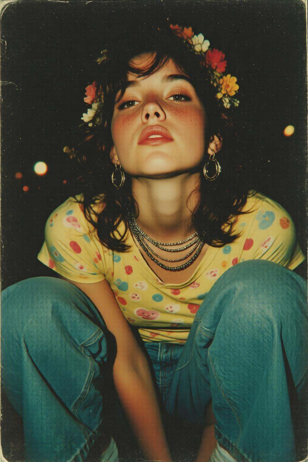 midjourneylowangle11q Low angle shot. Vintage analog photo. Close-up of a 1960s woman with a floral headpiece in a squat p...