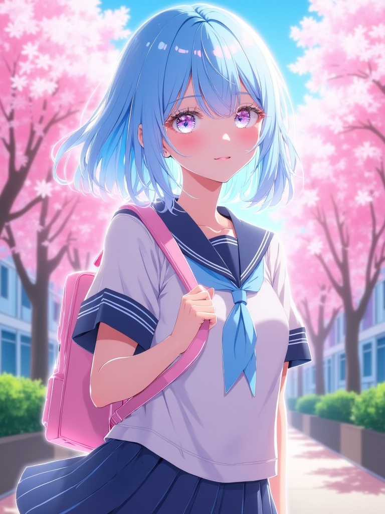 A bubbly high school girl,  with short bobbed sky-blue hair and shining pink eyes. She wears a neatly pressed sailor unifo...