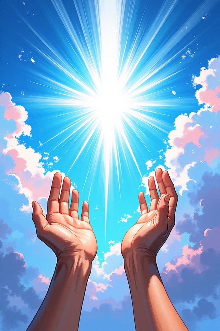 A vibrant, abstract painting depicts hands raised towards a radiant light source in a celestial sky. The sky is a mix of deep blues, light blues, and soft pastels like pinks, lavenders, and whites.   Impressionistic brushstrokes create a sense of clouds, light, and atmosphere. Bright, radiating light beams emanate from a central, luminous point, suggestive of the sun or a divine light. Two outstretched, human hands, painted with visible detail and texture, are positioned prominently in the foreground.  The hands are a mix of browns, tans, and grays, and the skin appears to be slightly rough, conveying a sense of humanity. The lines and colors used in painting the hands contribute to the ethereal/spiritual nature of the scene.The overall impression is one of fervent prayer or spiritual connection to a divine presence. The mix of bright colors and abstract brushwork creates a dynamic and emotionally engaging image.