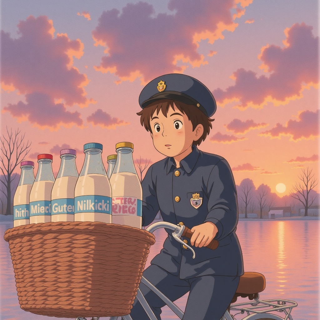 "Ghibli style,  The sound of glass bottles awakening the slumbering streets,  a young boy with a cap straddles an old bicy...