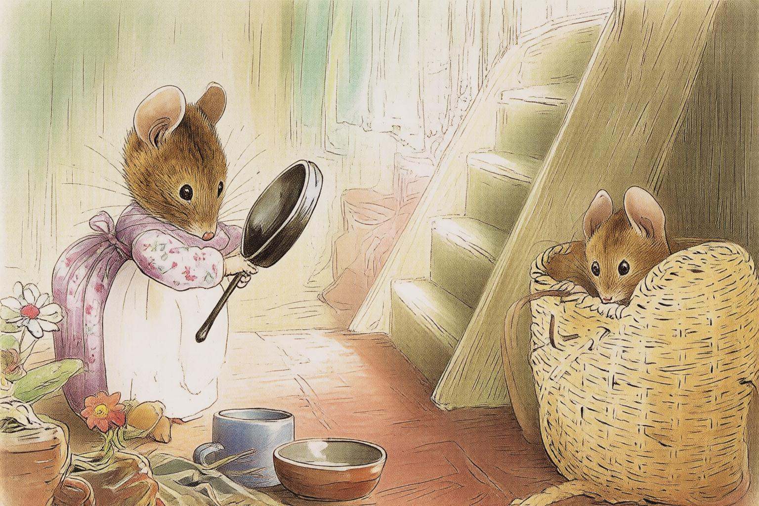 beatrixpotter2q illustration.An anthropomorphic mouse in a floral-patterned dress and white apron stands on a wooden surfa...