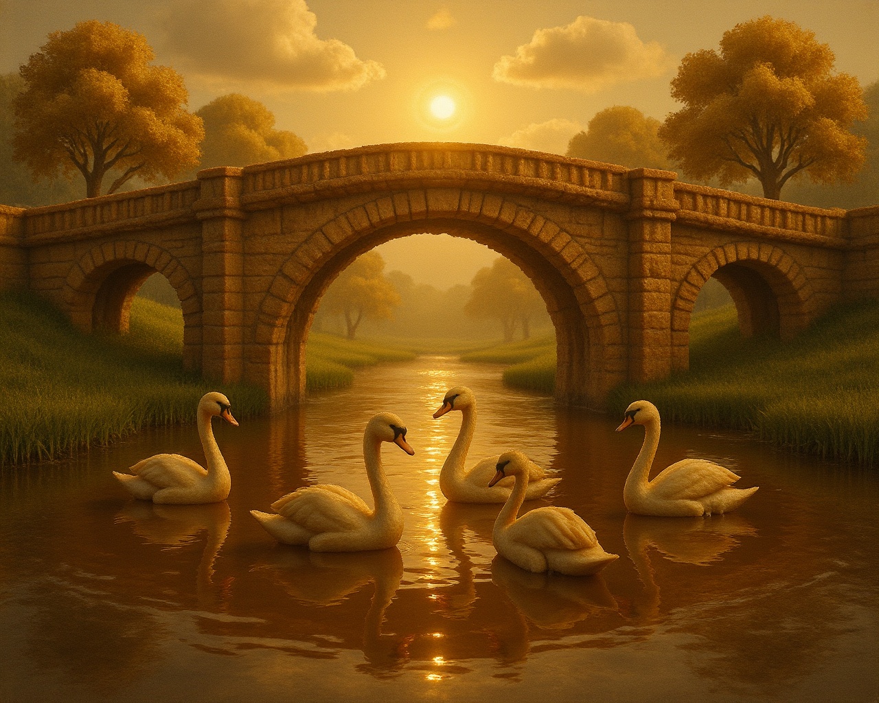 Fr3nchT04st wide-angle sunrise view of an ancient stone bridge spanning still water,  five graceful swans beneath the arch...