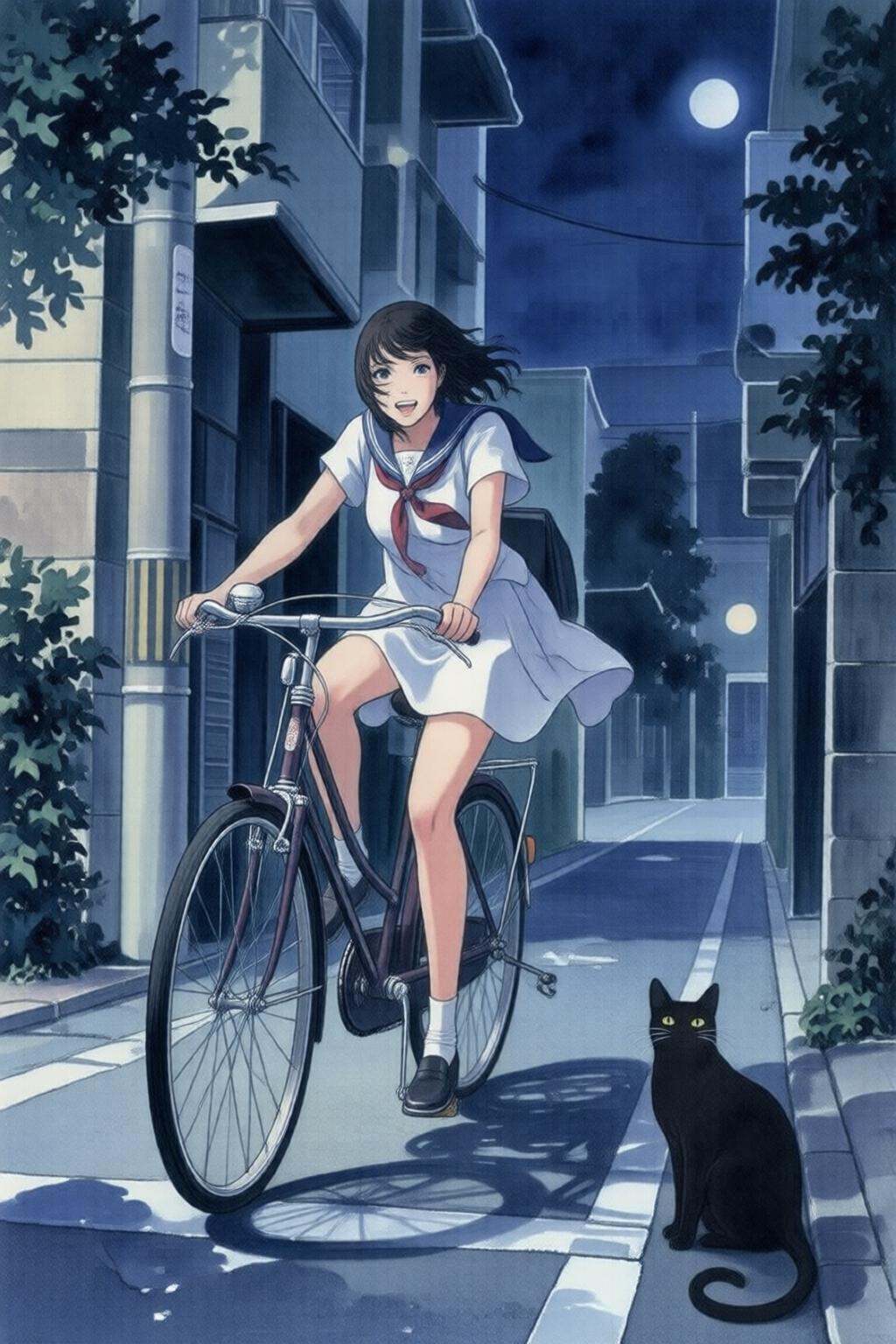 milomanara7q illustration. A Japanese school girl riding a old style bicycle through a narrow,  quiet street at night. The...